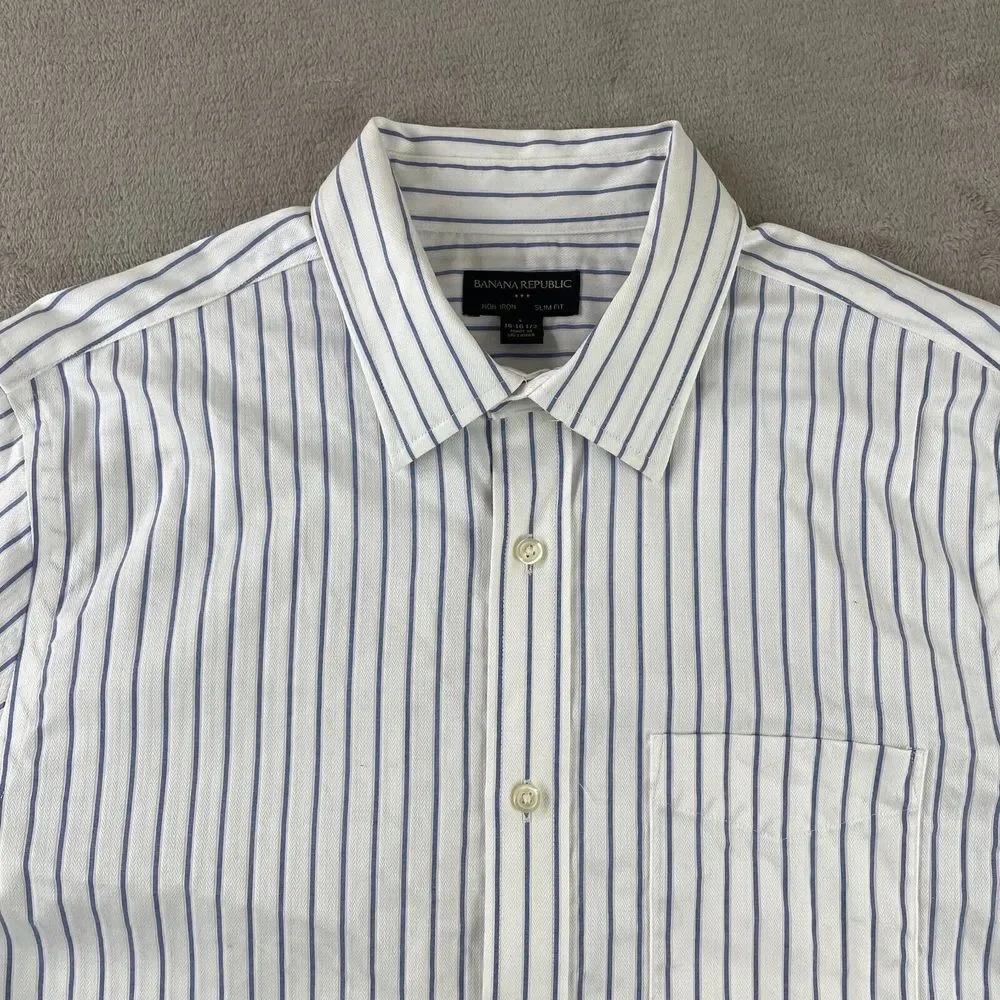 Banana Republic Shirt Men Large White Striped Non Iron Slim Fit Long Sleeve